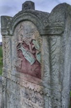 Old tombstone with colored Levite pot, Jewish Cemetery, Czernowicz, Bukovina, Ukraine