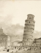 The Leaning Tower of Pisa around 1830, Italy, authentic, digitally restored reproduction from a