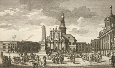 The old market in Potsdam, around 1850, Germany, authentic, digitally restored reproduction from a