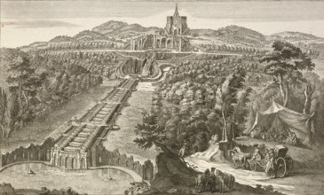 View of Karlsberg and the famous caves and waterfalls near Kassel, around 1850, Germany, authentic,