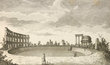 View of the basin and ruins on a hill opposite Sanssoucy, Sanssouci, around 1850, Germany,