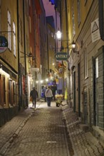 A picturesque alley at dusk with cobblestones and warmly lit historic buildings, Gamla Stan,