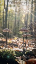 Close-up of mushrooms, Marasmius alliaceus (mycetinis alliaceus) in the forest with sun rays in the
