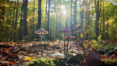 Close-up of mushrooms (mycetinis alliaceus) in the forest with the sun shining through the trees,