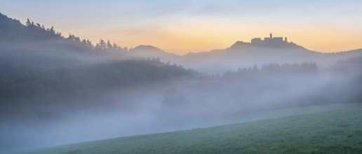 View of Wartburg Castle in the Thuringian Forest at sunrise, morning fog and dawn, meadow with dew,