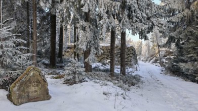 A snow-covered forest trail leads past an old structured ruin at Brauchrangenbruch, surrounded by