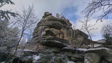 An impressive rock with a metal staircase, ladder, next to it, surrounded by snow-covered trees