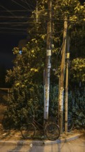 Bicycle leaning against a power pole under a street lamp at night, Montenegro