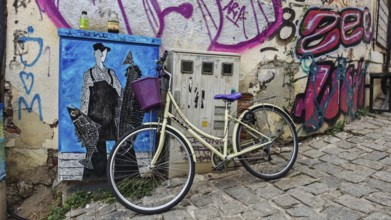 Vintage bicycle leaning against graffiti-decorated wall in urban setting, creative and lively