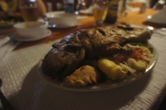 A rustic dinner with roasted guinea pig meat (caviidae), Cuy, and side dishes on a laid table,