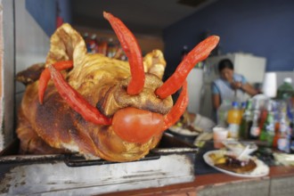 A suckling pig (porcus) with colourful accents in a lively restaurant ambience, Ecuador