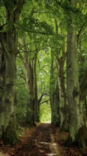A sunlit trail through a thick forest with tall trees, Franconian Switzerland