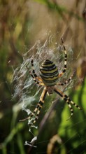 Close-up of a wasp spider (argiope bruennichi) on a flower in the middle of a green meadow, sunny
