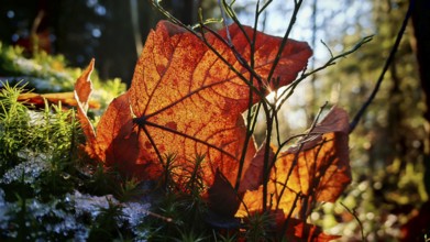 Detailed view of autumn leaves in bright red being illuminated by sunbeams in a forest, Frankenwald