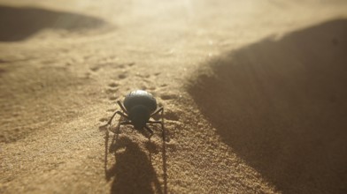 Close-up, beetle (Scarabaeus) crawling over sandy desert in warm, oblique light with clear shadow,