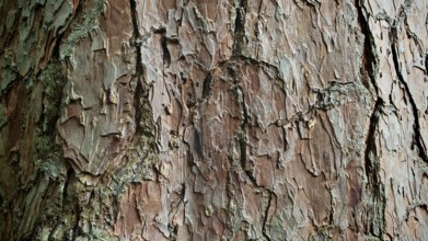 Close-up of the brown, textured bark of a Scots pine (pinus sylvestris) with a striking pattern,