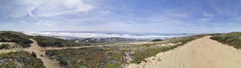 Panoramic view of a sandy beach and sea, hiking on the fishing trail, Southwest Alentejo nature