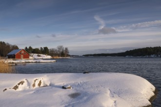Boathouse, snowy archipelago landscape, sea, Korpoström, Korpo or Korppo, southwestern archipelago,