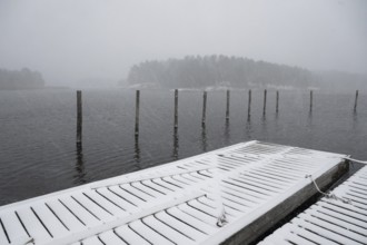 Snowy footbridge, fresh snowfall, blowing snow, Korpo or Korppo, southwestern archipelago, Finland