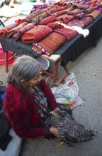 Mayan woman in traditional clothing with a chicken, traditional fabrics in the back, market in