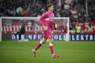 Goalkeeper Alexander Nuebel VfB Stuttgart (33) smiles Football Bundesliga, MHPArena, MHP Arena