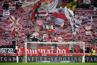 Fan block, fans, fan curve, flags, atmosphere, atmospheric Cannstatt curve VfB Stuttgart soccer