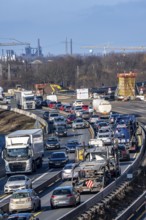 A3 motorway at the Duisburg-Kaiserberg interchange, constricted lanes, heavy traffic, complete