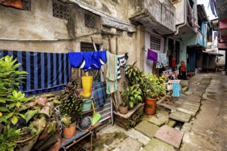 Colourful laundry and plants decorate a narrow urban alley with aged architecture