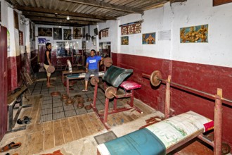Classic gym with dumbbells and artwork on the wall, rustic ambiance