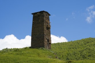Single old tower on hill with green landscape and cloudy sky, Queen Tamar's tower, Tamara, Ushguli,