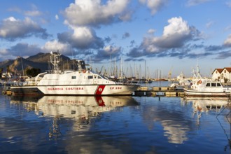 Italian Coast Guard patrol boat CP 282, sailboats, coastal landscape, marina, Marina La Cala in the