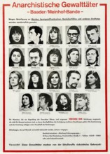 German wanted poster with mug shots of terrorists from the Baader Meinhof Group, Red Army Faction,
