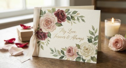 A vibrant Valentine's Day greetings card featuring wreath and elegant lettering to convey romance,