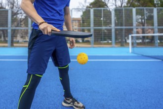 Sportsman wearing athletic apparel, playing pickleball with a paddle and yellow plastic ball on an