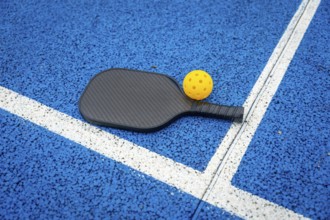 Pickleball paddle and yellow wiffle ball resting on the vibrant blue indoor court surface with