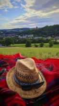 A straw hat on a blanket with a view of a village against a cloudy sky, view of Rosenberg Fortress,