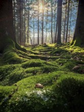 Sunlight falls through trees on moss-covered ground in the forest, romantic, a peaceful, idyllic