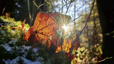 Sunbeams shine through autumn leaves in the forest, Rennsteig, Frankenwald nature park Park
