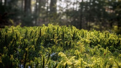 Green clusters of plants on the forest floor shine in soft spring light, Franconian Forest nature