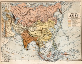 Coloured topographic map of the continent of Asia with European possessions during colonial times,