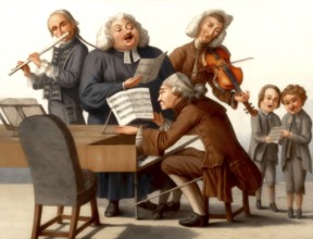 Musical group with Händel, Bach, Tartini, Gluck, Quanz, Jomelli, Caricature from the 18th century