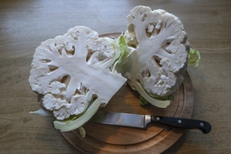 Halved cauliflower (Brassica oleracea var. botrytis) on a wooden board, Bavaria, Germany