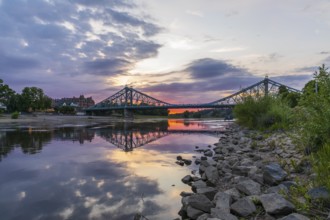 Blue Wonder bridge over the Elbe at sunset, Loschwitz, Dresden, Saxony, Germany
