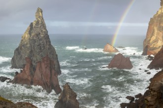 Sunset, rainbow at sea, volcanic peninsula, Ponta de São Lourenço, Ponta de Sao Lourenco, rocky