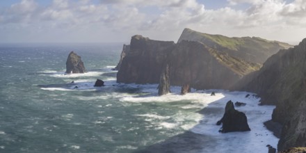Long exposure of rock formations in the Atlantic Ocean, volcanic peninsula, Ponta de São Lourenço,