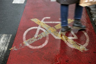 Red marked bicycle path closed to bicycles, Nuremberg, Middle Franconia, Bavaria, Germany