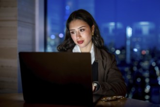 Young businesswoman focusing on her laptop screen, working late hours in a modern office