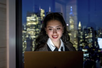 Young businesswoman working on a laptop at a new york city office. Focused and determined. With the
