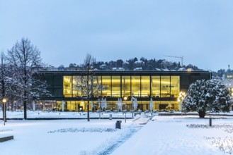 Exterior view of the state parliament building. Winter in Stuttgart. The city is wintry white early