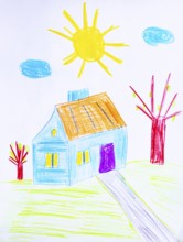 Naive illustration, children's drawing, house in the garden, sunshine and cloud, Austria